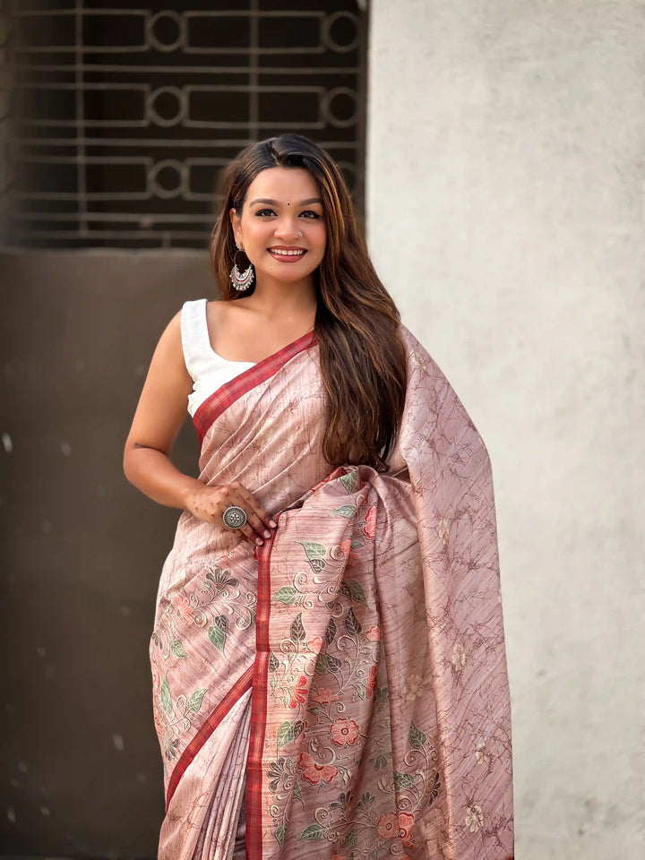Exquisite Silk Saree with Floral Prints and Wevon Jari Border