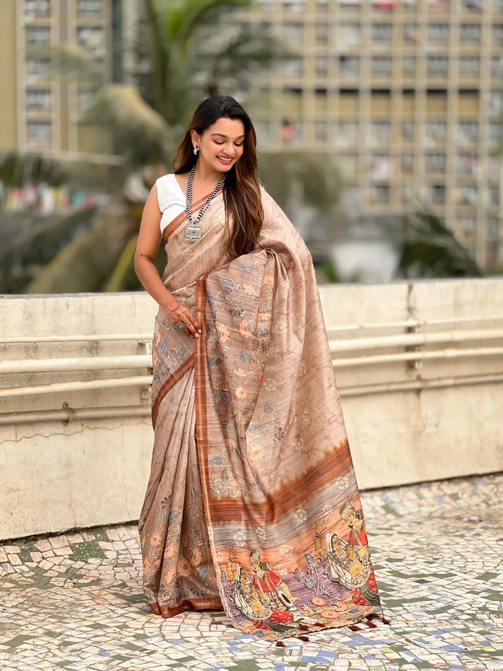 Exquisite Silk Saree with Floral Prints and Wevon Jari Border