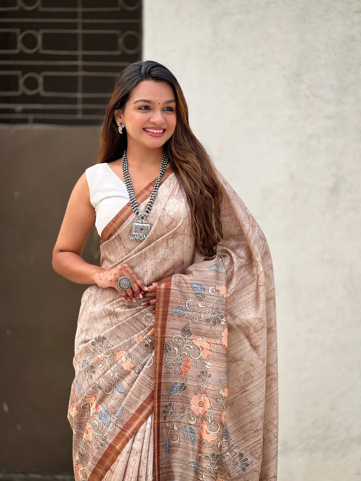 Exquisite Silk Saree with Floral Prints and Wevon Jari Border