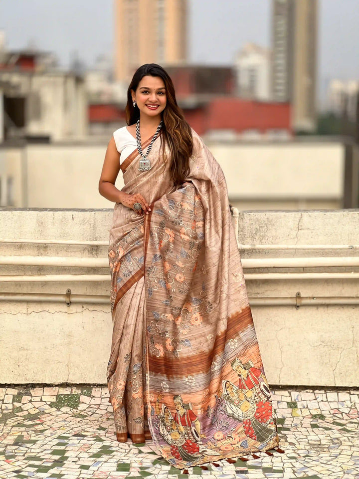 Exquisite Silk Saree with Floral Prints and Wevon Jari Border