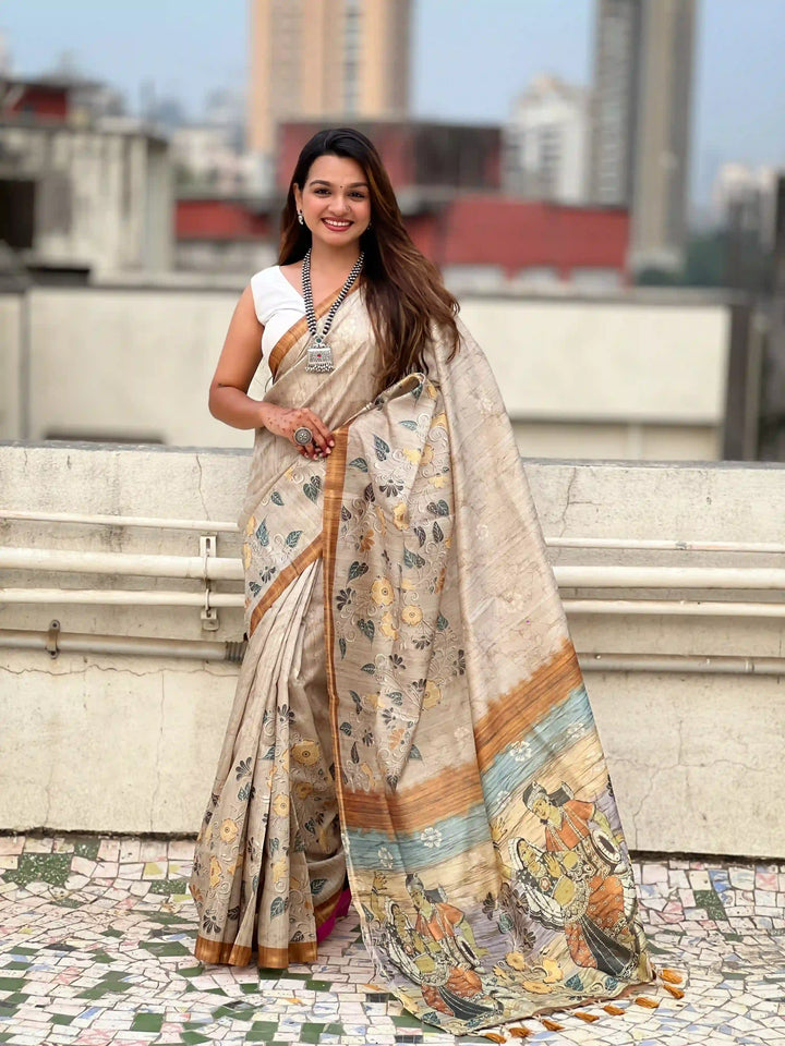 Exquisite Silk Saree with Floral Prints and Wevon Jari Border