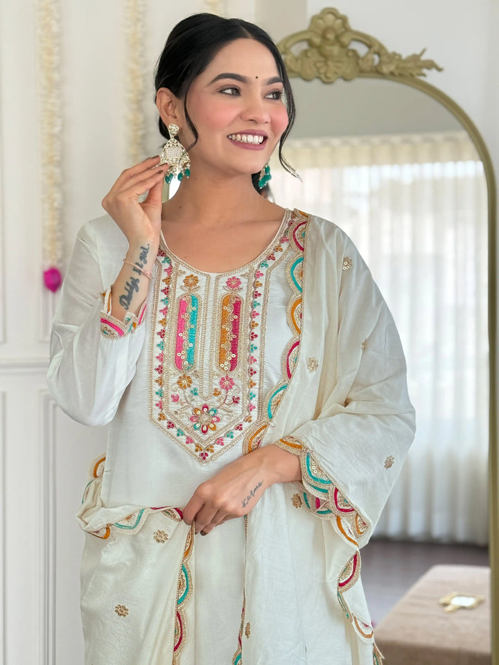 Graceful White Chanderi Salwar Kameez with Dupatta