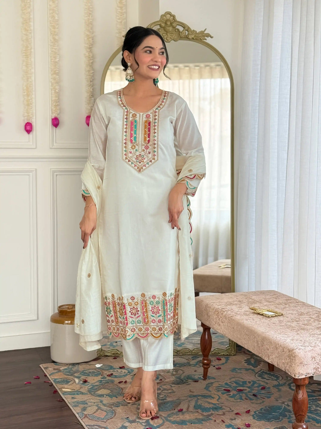 Graceful White Chanderi Salwar Kameez with Dupatta