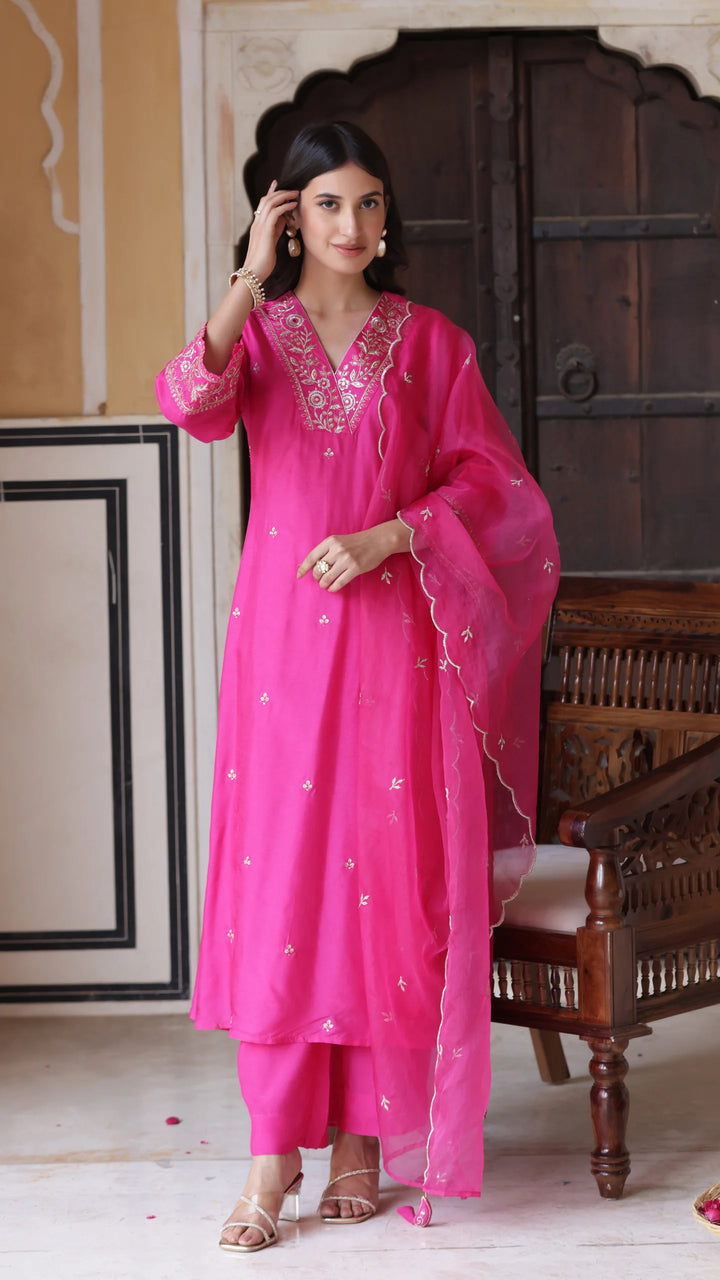 Premium Viscose Chanderi Suit in Rose Pink with Organza Flair