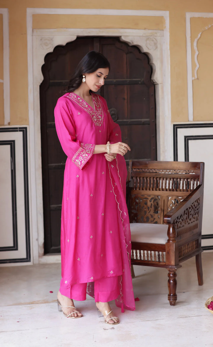Premium Viscose Chanderi Suit in Rose Pink with Organza Flair