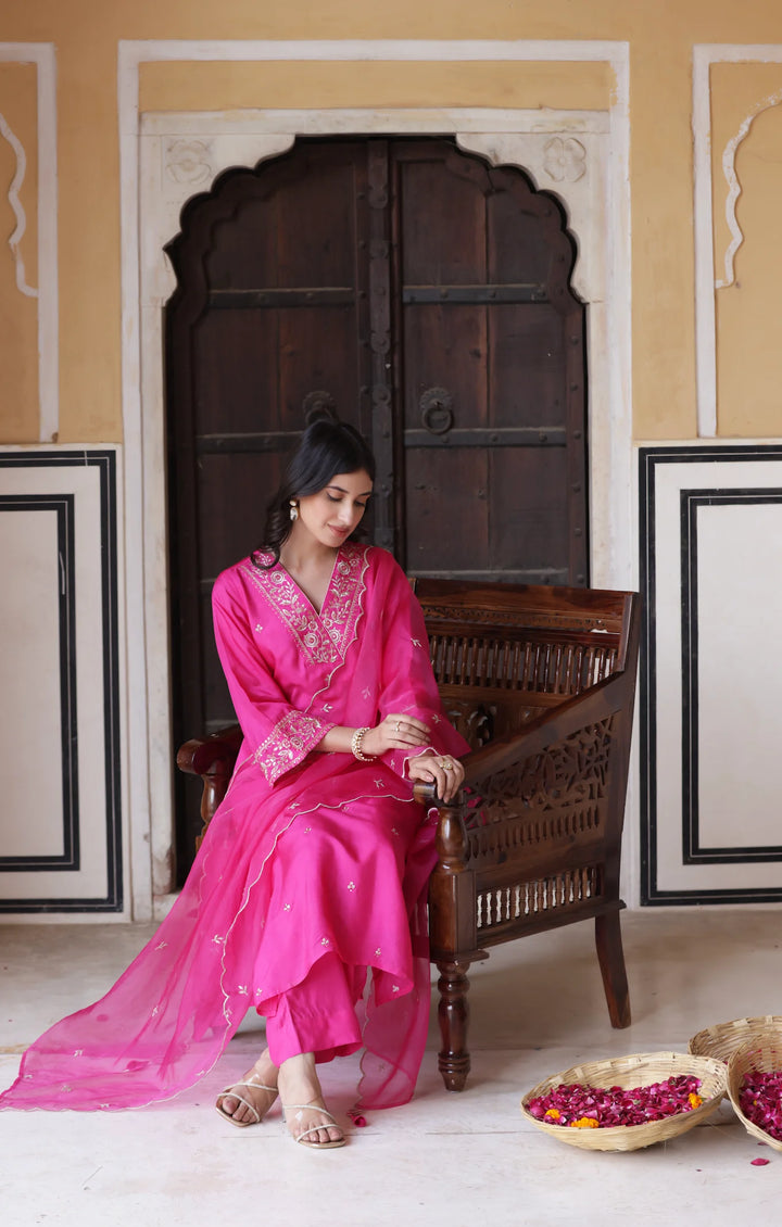 Premium Viscose Chanderi Suit in Rose Pink with Organza Flair