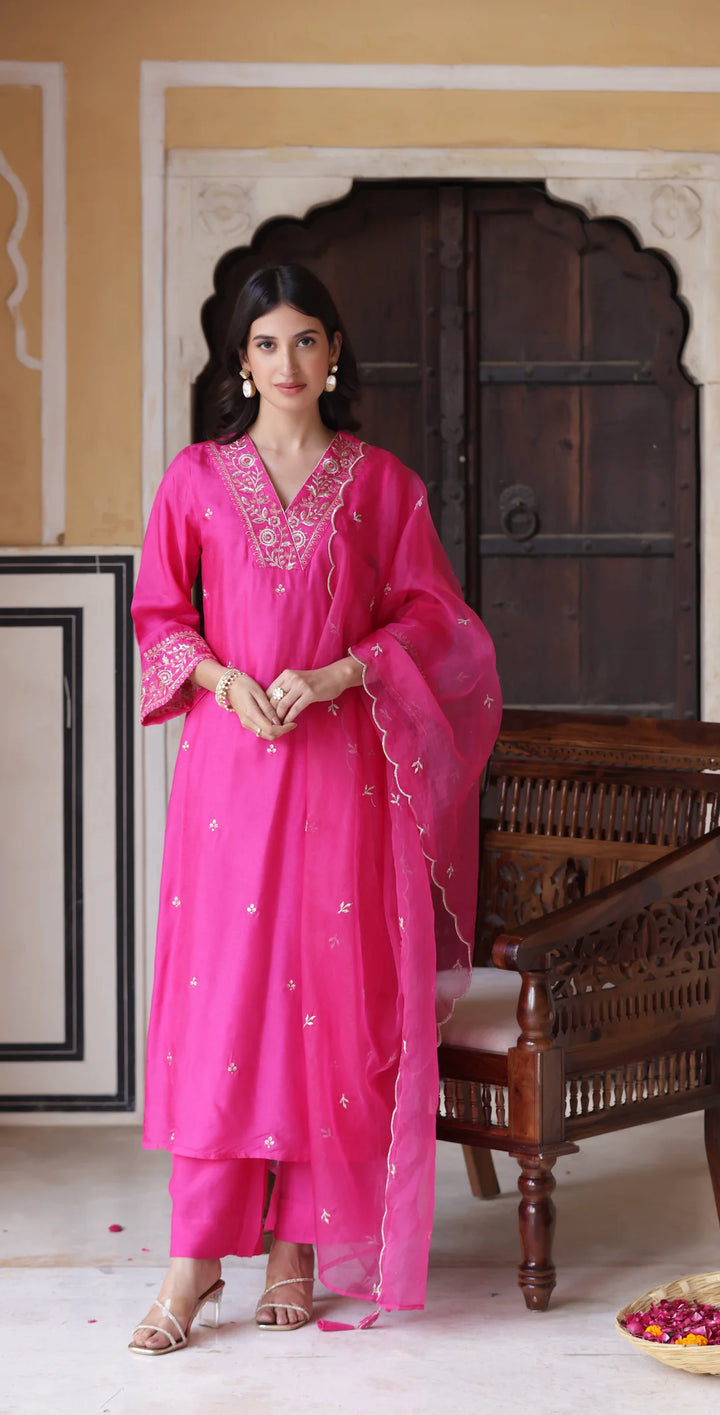 Premium Viscose Chanderi Suit in Rose Pink with Organza Flair