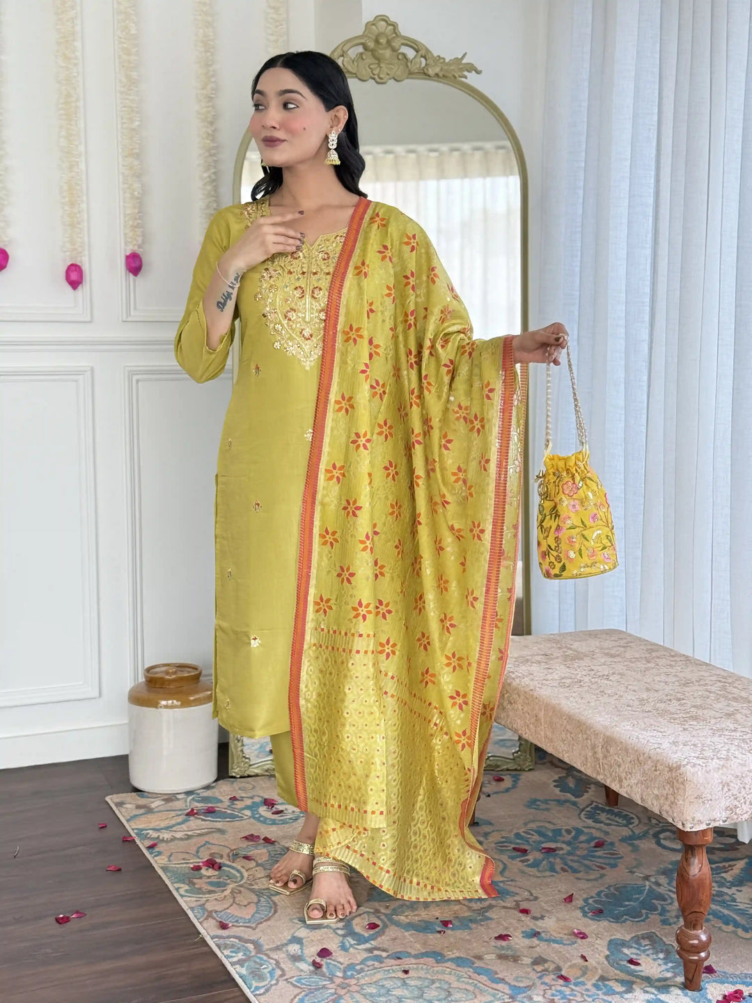 Vibrant Lime Chanderi Salwar Kameez with Printed Dupatta