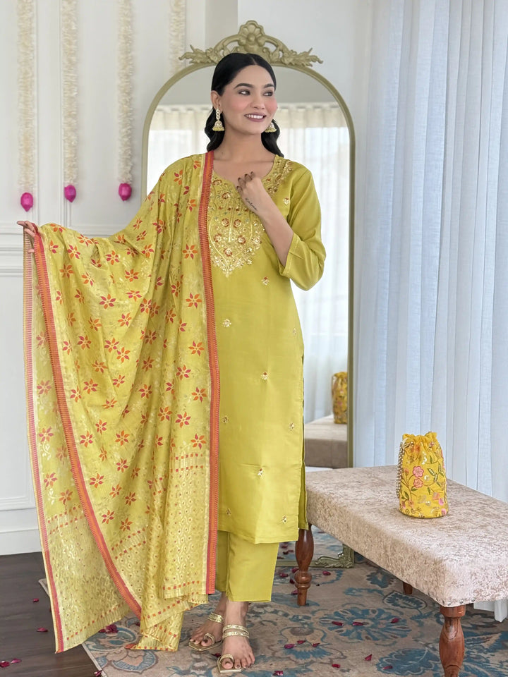 Vibrant Lime Chanderi Salwar Kameez with Printed Dupatta