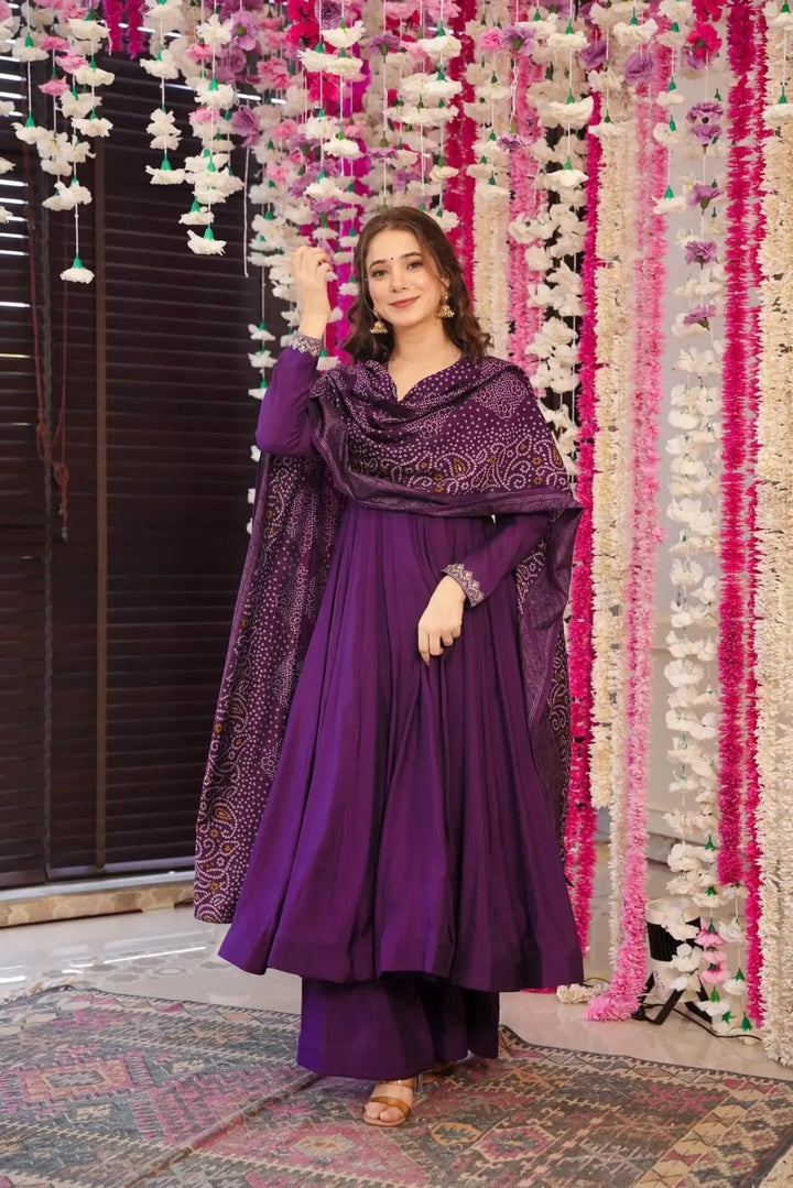 Regal Wine Salwar Kameez in PV Chanderi with Printed Dupatta
