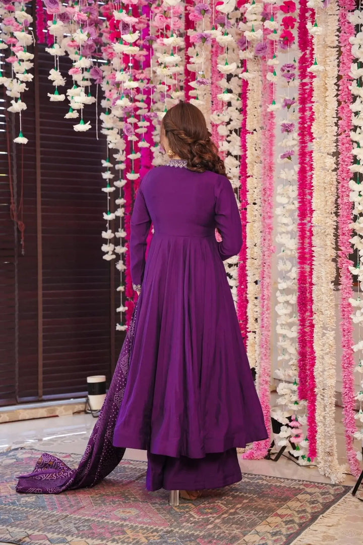 Regal Wine Salwar Kameez in PV Chanderi with Printed Dupatta