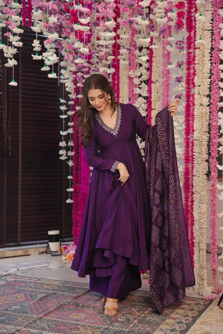 Regal Wine Salwar Kameez in PV Chanderi with Printed Dupatta