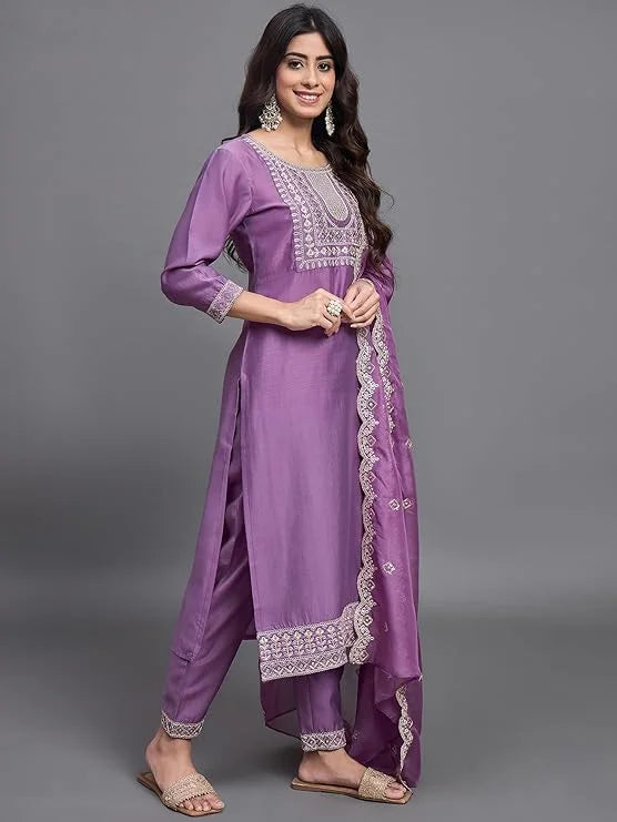 Luxurious Purple Embroidered Salwar Suit in Chinon Fabric