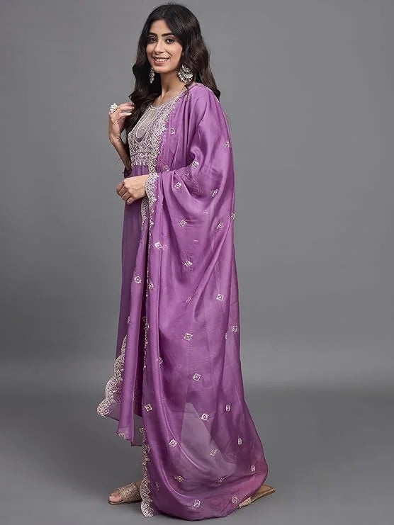 Luxurious Purple Embroidered Salwar Suit in Chinon Fabric