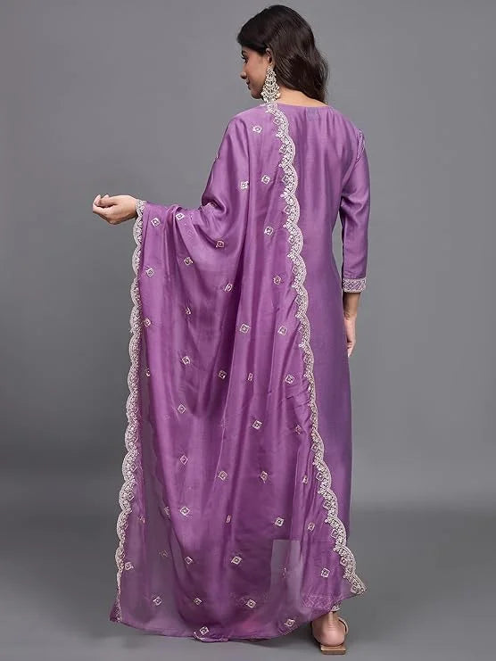 Luxurious Purple Embroidered Salwar Suit in Chinon Fabric