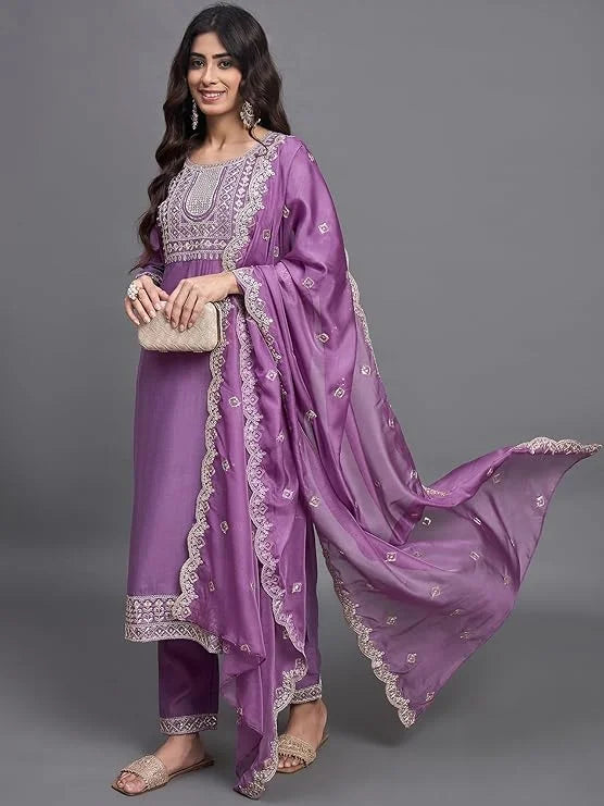 Luxurious Purple Embroidered Salwar Suit in Chinon Fabric