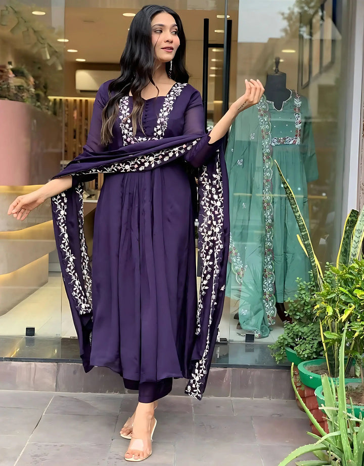 Glamorous Silk Salwar Suit in Voilet with Chinon Dupatta