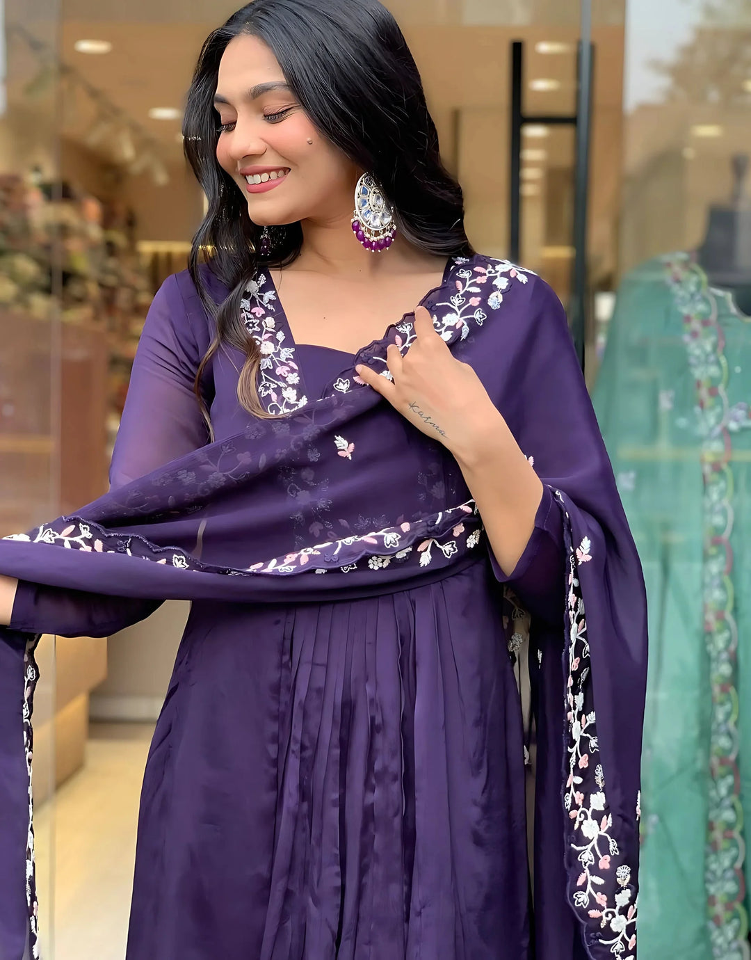 Glamorous Silk Salwar Suit in Voilet with Chinon Dupatta