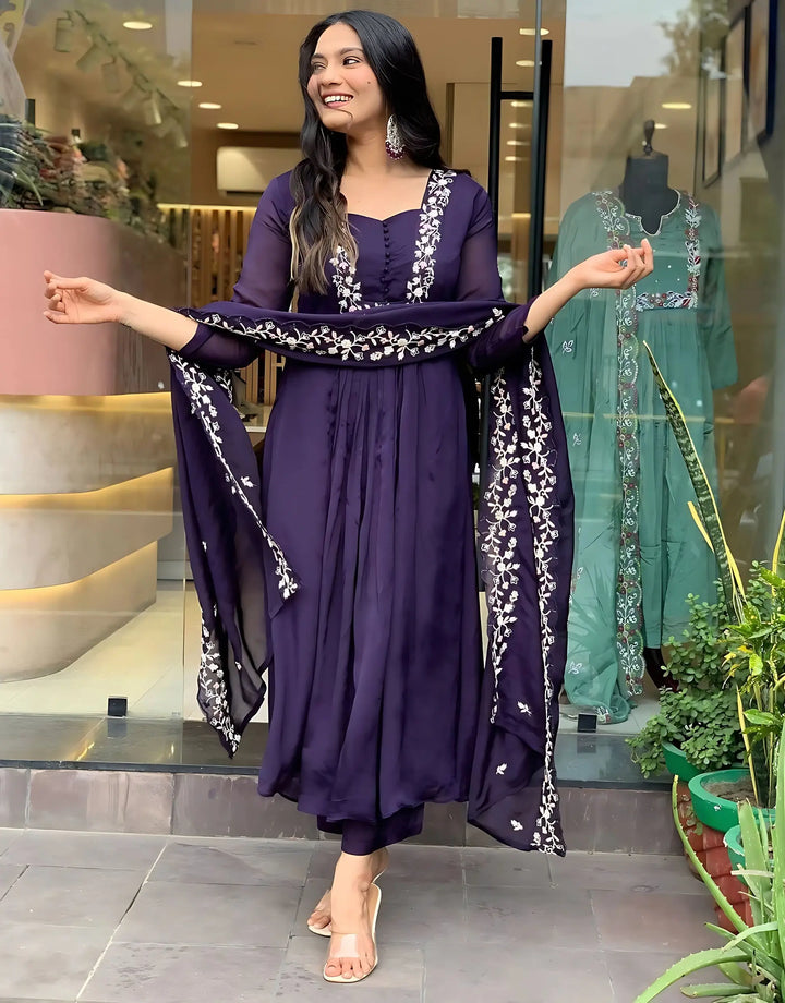 Glamorous Silk Salwar Suit in Voilet with Chinon Dupatta