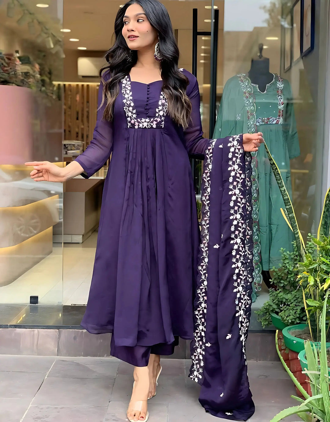 Glamorous Silk Salwar Suit in Voilet with Chinon Dupatta