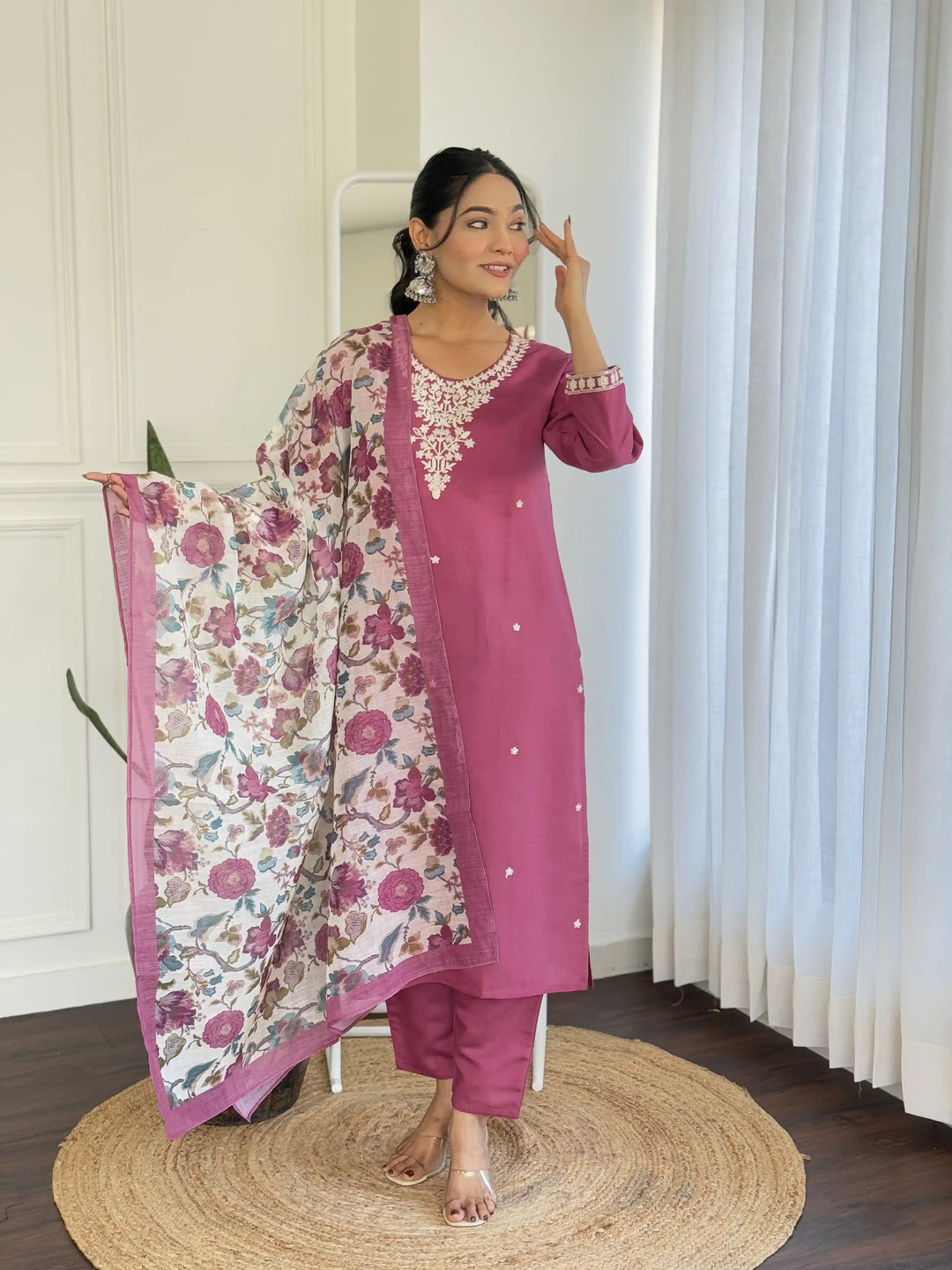 Blush Pink Chanderi Silk Salwar Kameez with Embroidery