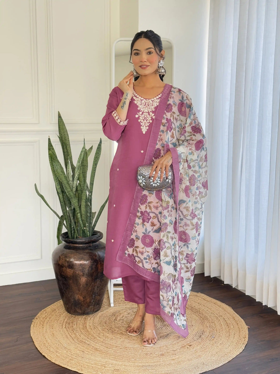Blush Pink Chanderi Silk Salwar Kameez with Embroidery