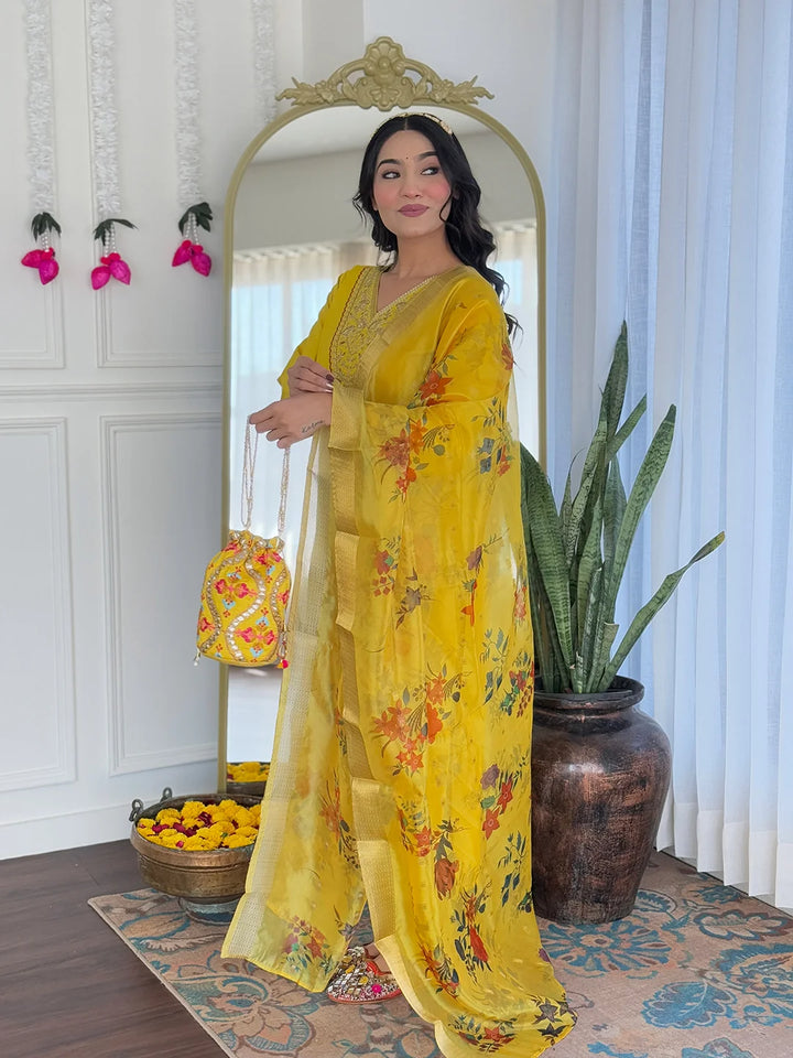 Mustard Charm: Embroidered Salwar Kameez with Tabby Dupatta