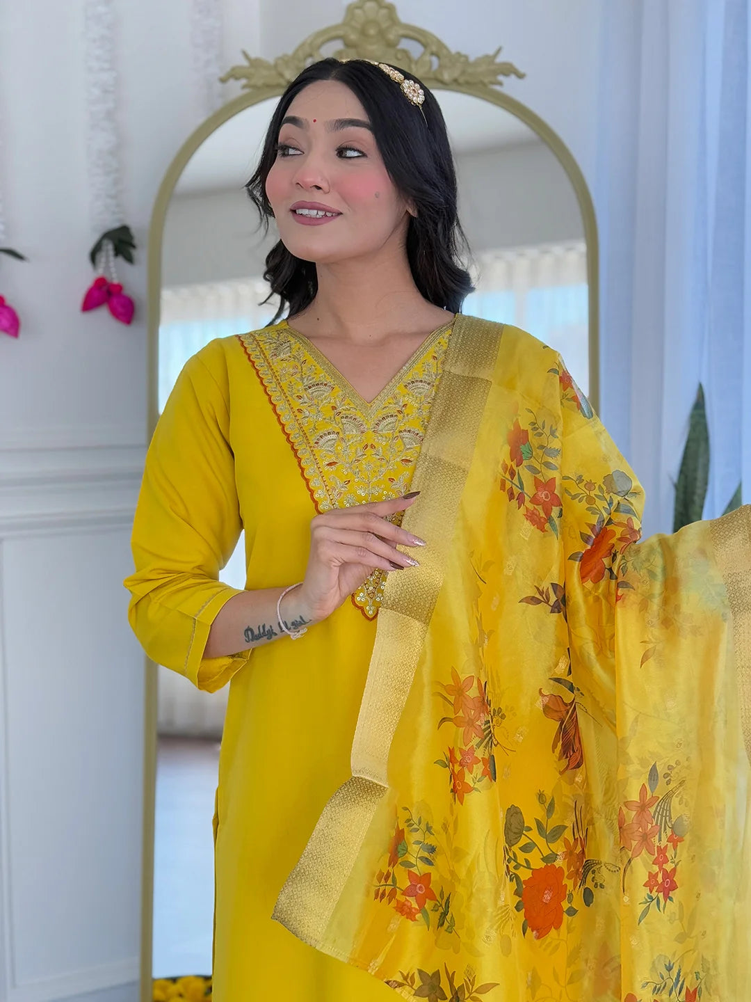 Mustard Charm: Embroidered Salwar Kameez with Tabby Dupatta