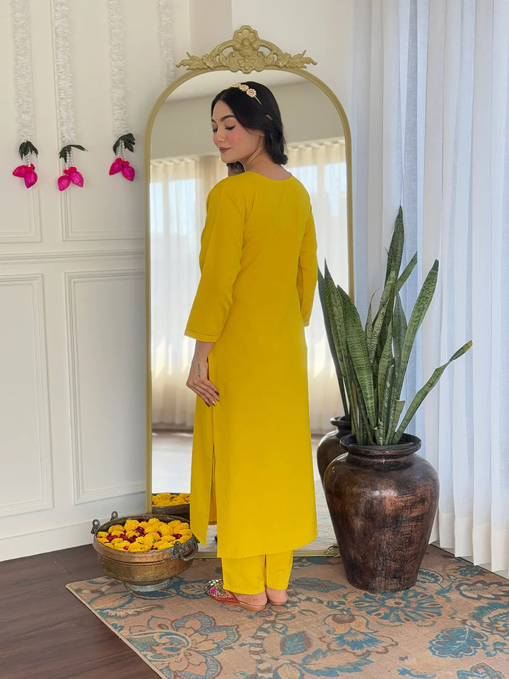 Mustard Charm: Embroidered Salwar Kameez with Tabby Dupatta