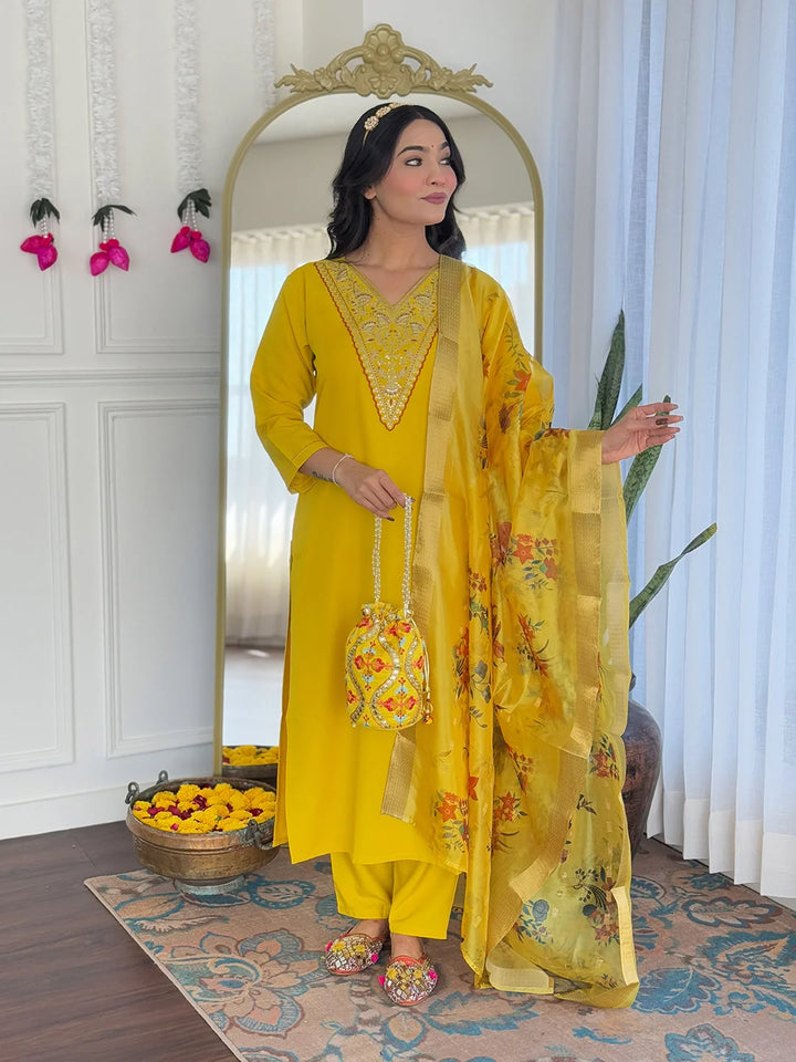 Mustard Charm: Embroidered Salwar Kameez with Tabby Dupatta