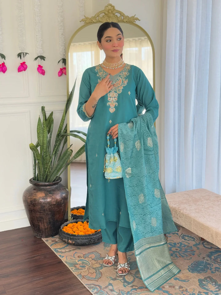 Ethnic Teal Salwar Kameez with Nylon Jacquard Dupatta