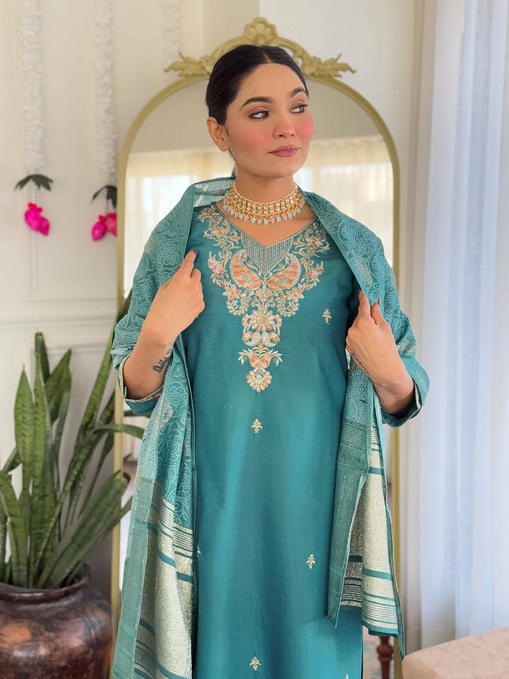 Ethnic Teal Salwar Kameez with Nylon Jacquard Dupatta