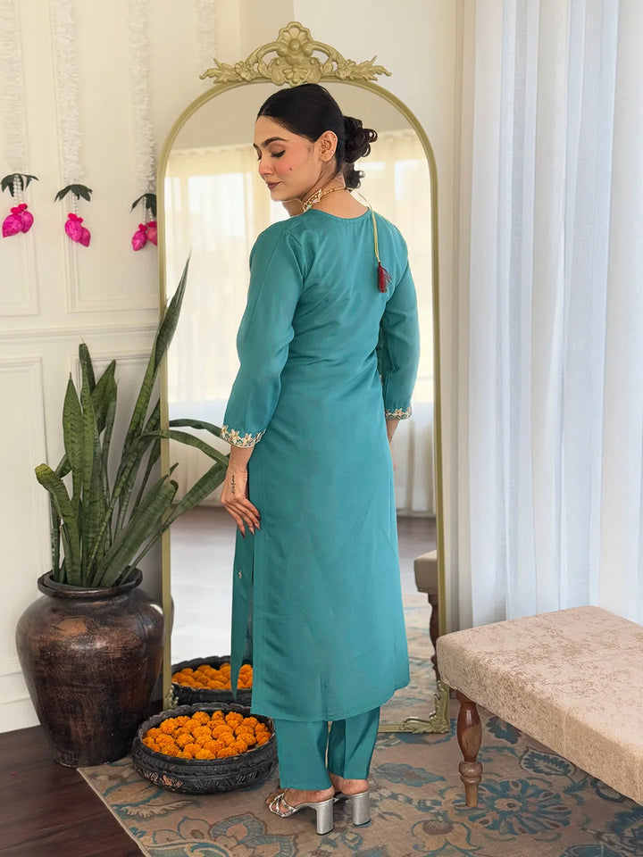 Ethnic Teal Salwar Kameez with Nylon Jacquard Dupatta