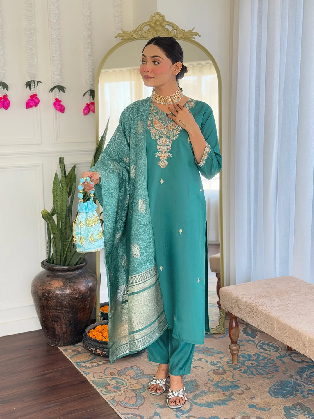 Ethnic Teal Salwar Kameez with Nylon Jacquard Dupatta