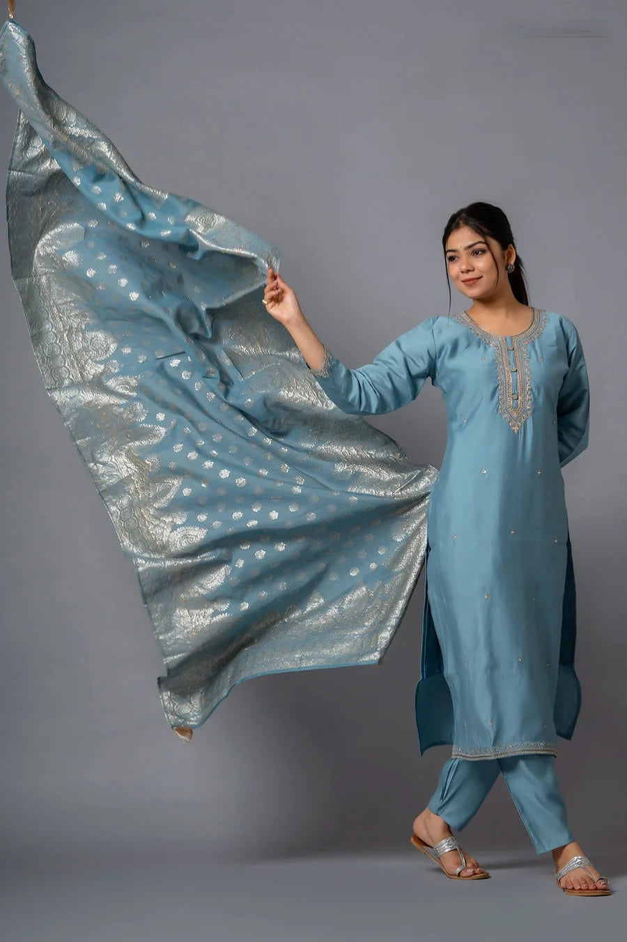 Graceful Sky Gray Chanderi Suit with Wevon Jacquard Dupatta