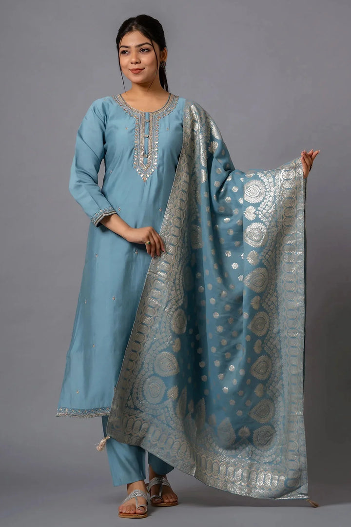 Graceful Sky Gray Chanderi Suit with Wevon Jacquard Dupatta