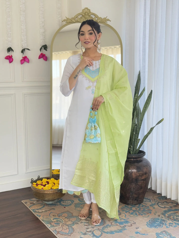 Classic White Viscose Chanderi Salwar Kameez Set for Women