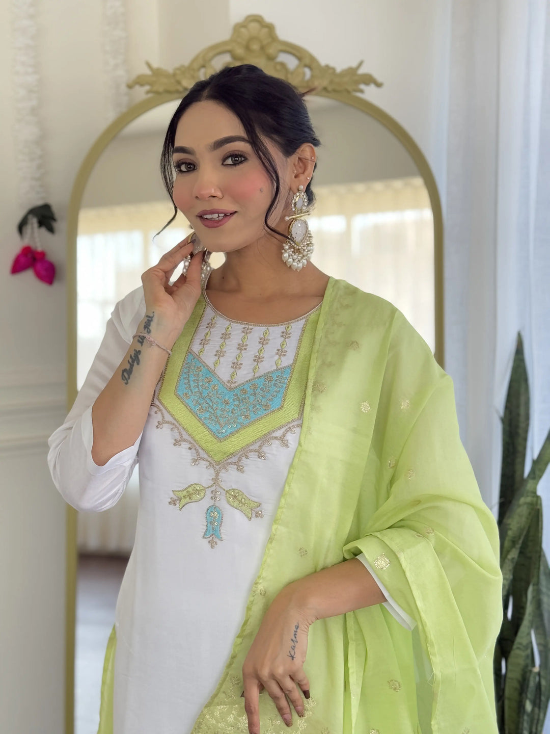 Classic White Viscose Chanderi Salwar Kameez Set for Women