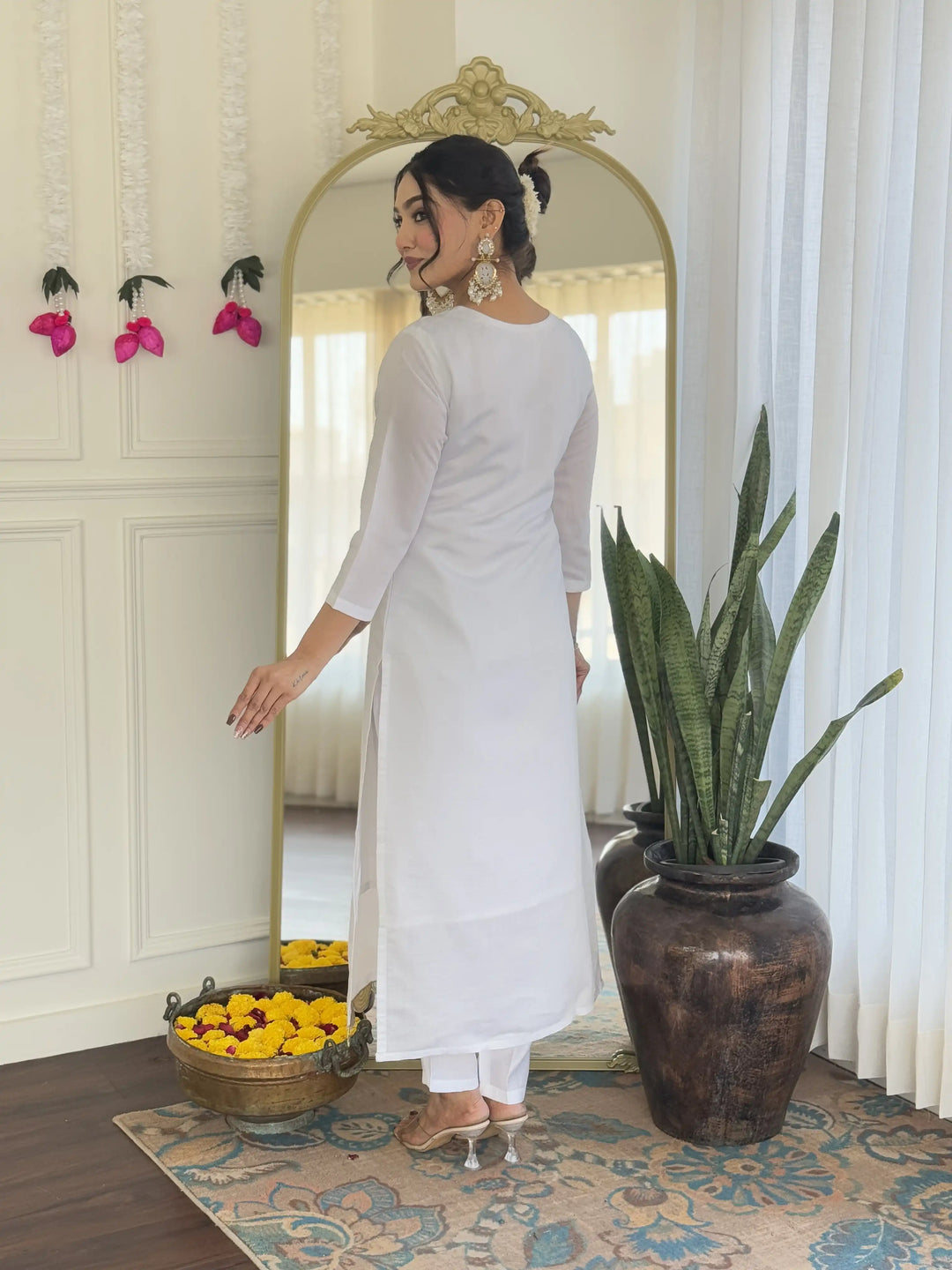 Classic White Viscose Chanderi Salwar Kameez Set for Women