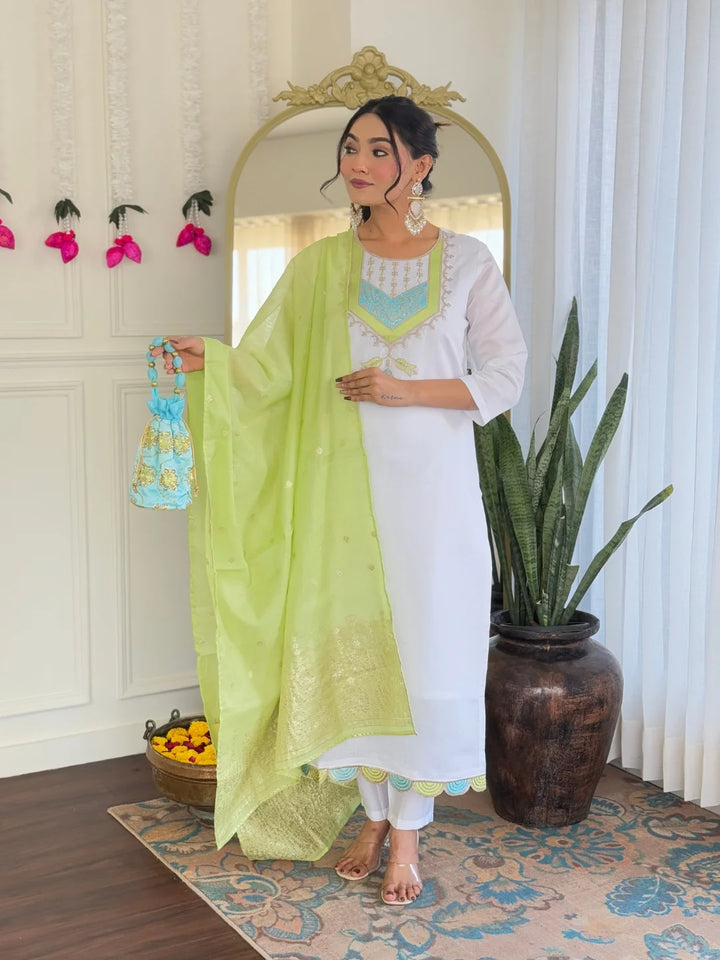 Classic White Viscose Chanderi Salwar Kameez Set for Women