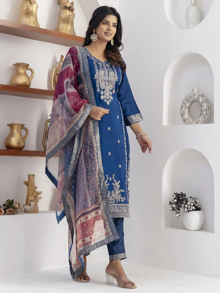 Royal Blue Silk Salwar Kameez with Hand Work & Printed Dupatta