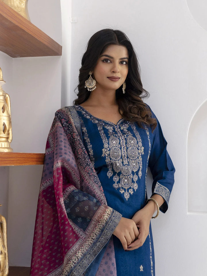 Royal Blue Silk Salwar Kameez with Hand Work & Printed Dupatta