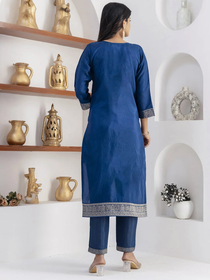 Royal Blue Silk Salwar Kameez with Hand Work & Printed Dupatta
