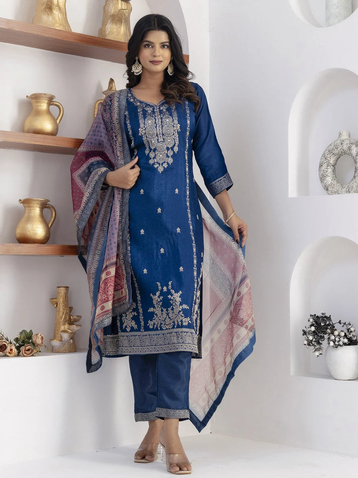 Royal Blue Silk Salwar Kameez with Hand Work & Printed Dupatta