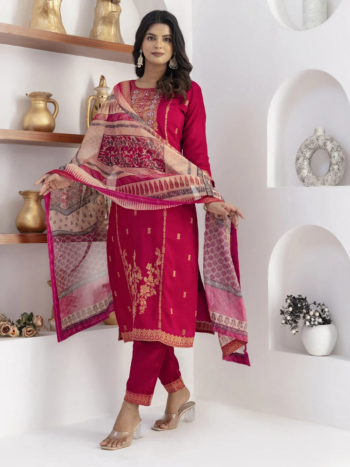 Stunning Cherry Silk Ethnic Set – Premium Hand Work & Prints