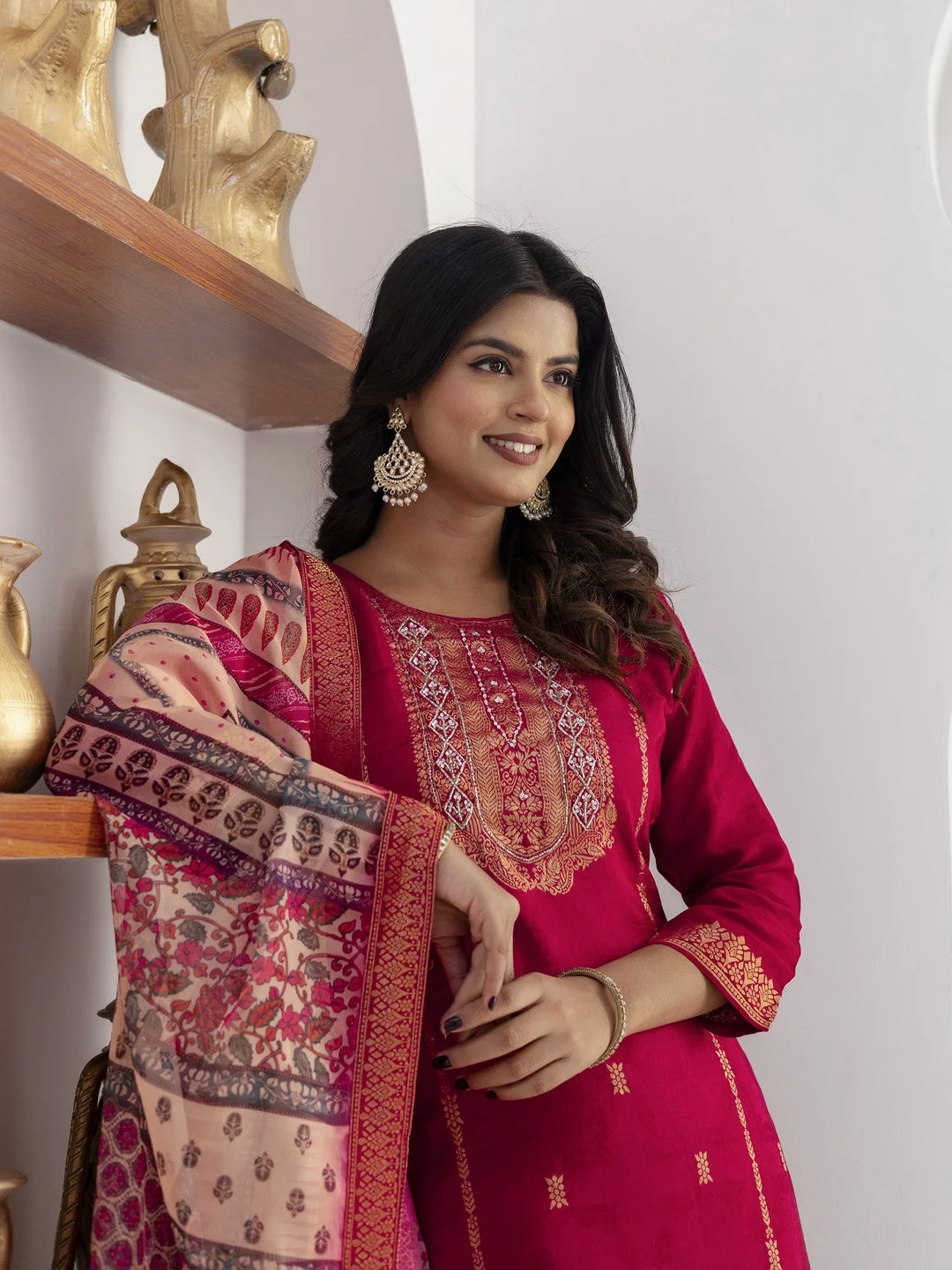 Stunning Cherry Silk Ethnic Set – Premium Hand Work & Prints