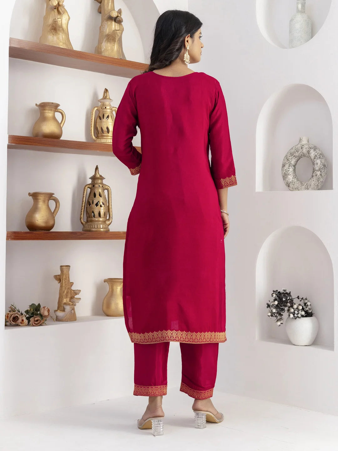 Stunning Cherry Silk Ethnic Set – Premium Hand Work & Prints