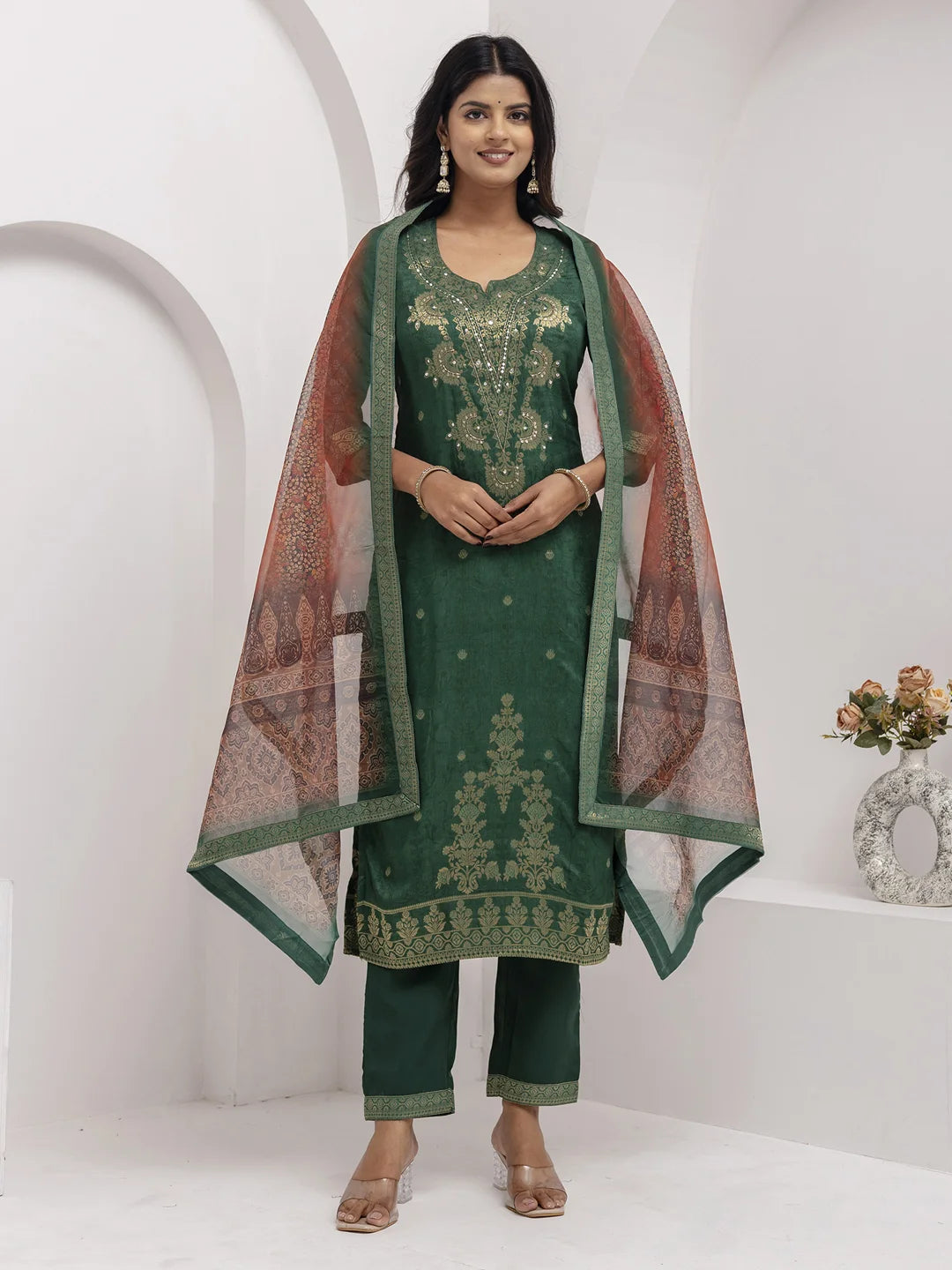 Graceful Green Viscose Silk Salwar Kameez with Designer Work