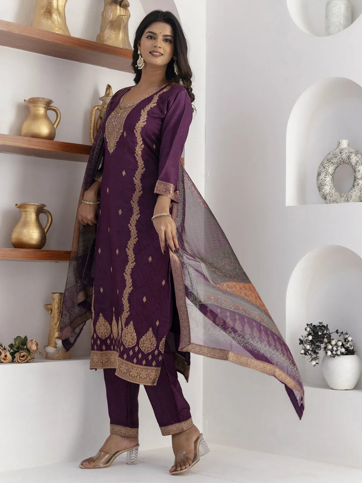 Royal Purple Suit Set with Printed Organza Dupatta