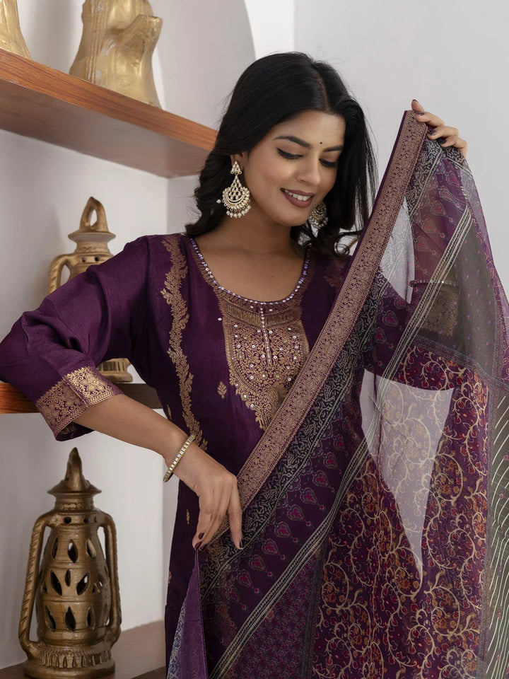 Royal Purple Suit Set with Printed Organza Dupatta